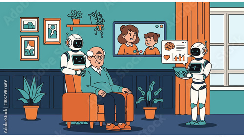 Robotic Home Healthcare Assistance and Elderly Monitoring Technology Vector Illustration..eps