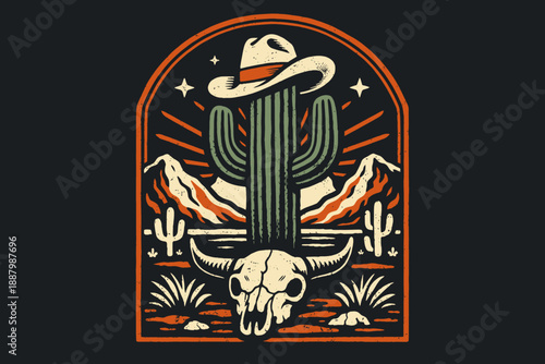 Retro Desert Wild West Emblem: Cactus wearing Cowboy Hat, Steer Skull, and Mountains. Vintage distressed graphic design for apparel.
