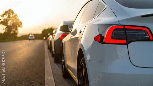 Cars lined up on a road, a white vehicle in focus, taillight glowing, at sunset