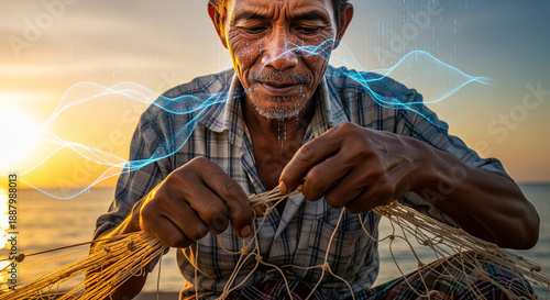 Digital Essence of Tradition Elderly Fisherman's Skillful Hands Mending Nets, Symbolizing Wisdom and Innovation in a Connected World
