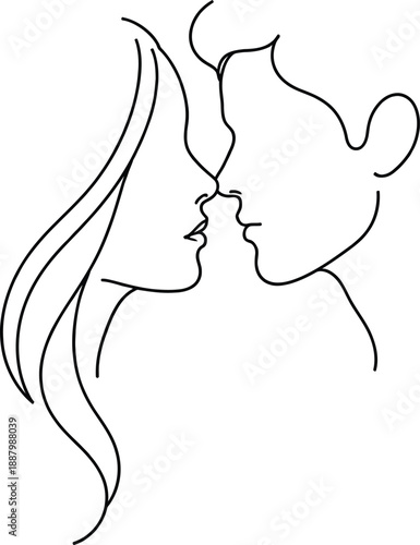 Continuous line art drawing of a romantic couple face to face, minimalist man and woman profile for love, relationship, and Valentine's Day concept.