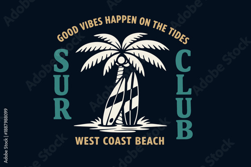 Surf Club West Coast Beach Vintage T-shirt Design. Retro Tropical Palm Tree and Surfboard Graphic Vector Illustration.