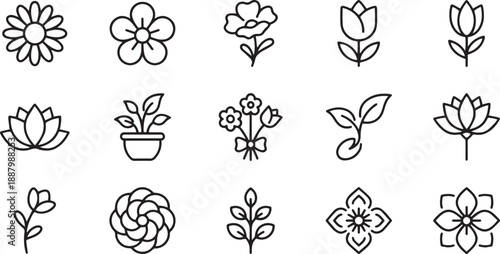 Simple line art flower and plant icons, a versatile vector collection for modern design