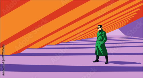Creative flat vector illustration of a man walking through an abstract colorful space, bold geometric shapes, modern artistic style suitable for creative, lifestyle, and conceptual design projects.