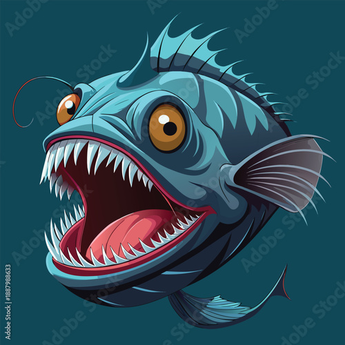 Cartoon anglerfish with an open mouth displaying sharp teeth and bioluminescence