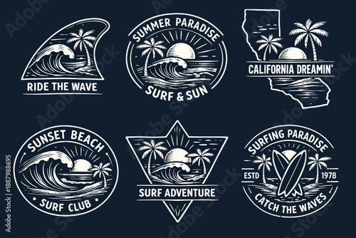 Vintage Surfing Badges Collection - Retro Beach and Tropical Ocean Logos with Palm Trees, Waves, and Surfer Typography for T-Shirt Prints