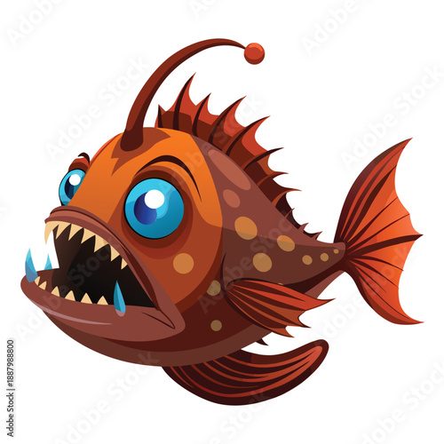 Cartoon anglerfish with a glowing lure and sharp teeth illustrated in a vibrant style