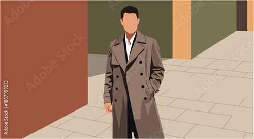 Flat vector illustration of a stylish man wearing a trench coat in an urban environment, minimal geometric style, perfect for fashion, lifestyle, city, and modern business concepts.