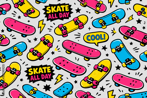 Seamless Skateboard Pattern. Vibrant 90s Pop Art Style Background with Neon Skateboards, Comic Elements, and Graffiti Details. Urban Youth Culture Wallpaper Design.