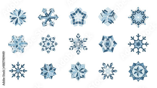 Collection of Blue Snowflakes on White Background.