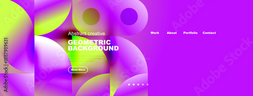 Vibrant fluid shapes, purple hues dominate design. Website header features text, navigation options, button. Modern aesthetic.