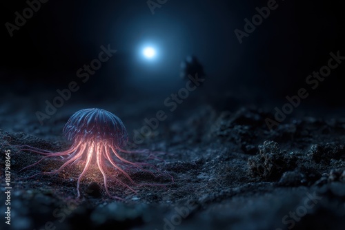 Glowing jellyfish illuminates the ocean floor in serene underwater scene at night