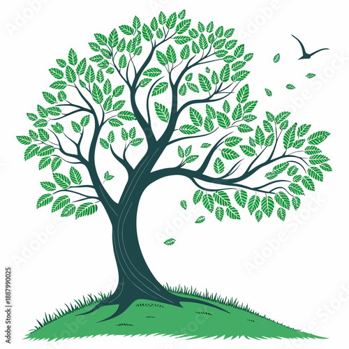 Green tree with falling leaves