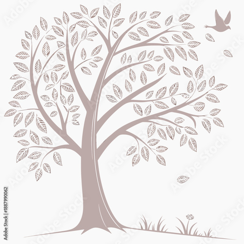 Serene tree with flying bird