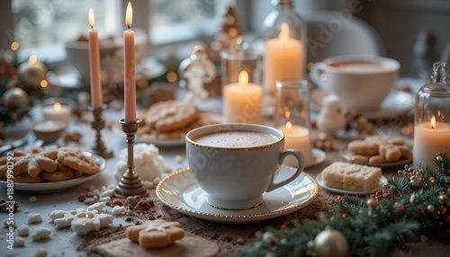 A cozy table setting with a cup of coffee surrounded by cookies and candles on a festive holiday table