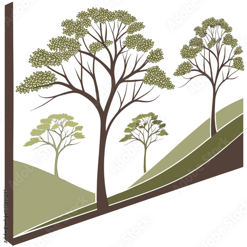 Illustrated trees on a hillside