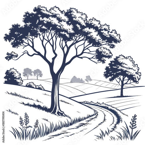 Serene countryside path with trees