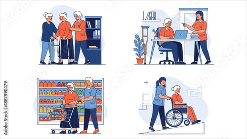 Set of Young Volunteers Assisting and Caring for Elderly Senior People with Disabilities Vector Illustrations..eps