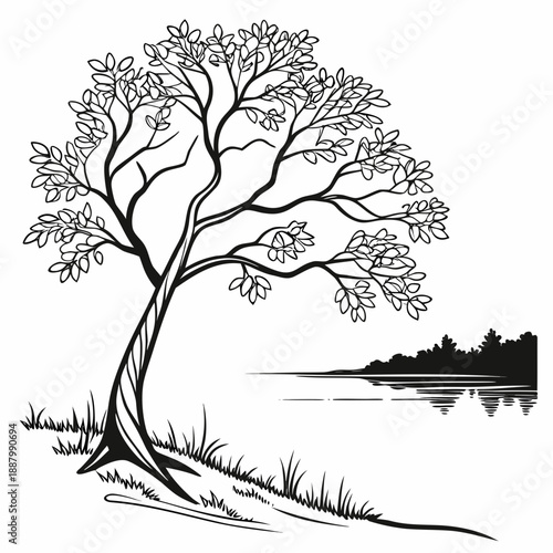 Serene tree by the lakeside