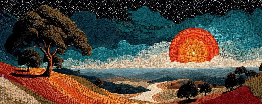 Fototapeta premium Vibrant landscape of rolling hills, trees, and a bold sunset under a starry night sky