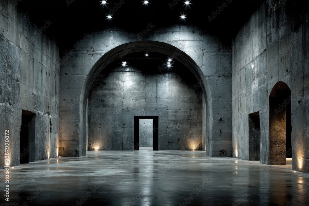 Fototapeta premium Dark empty concrete hall with archway and subtle uplighting in a large industrial space