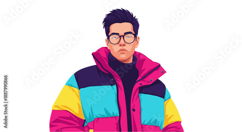 A stylish young man with dark hair and glasses, wearing a vibrant, multicolored puffer jacket, stands confidently against a clean white background.