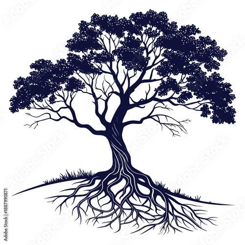 Silhouette of a strong tree with deep roots