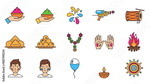 Diwali Celebration Icons with Traditional Elements.