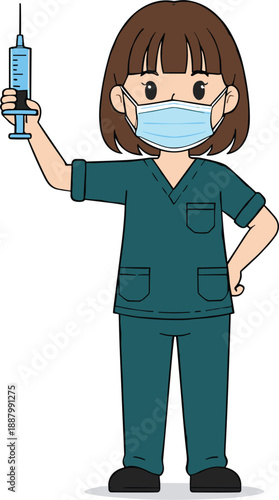 Cute Nurse Character Holding Syringe Wearing Medical Mask and Scrubs for Vaccination, Injection, Healthcare, and Medical Awareness Vector Illustration
