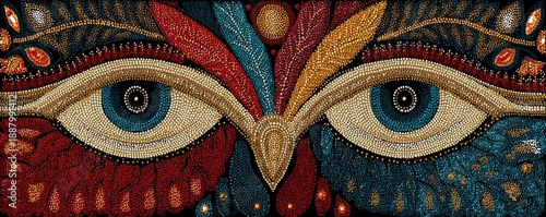 Vivid Aboriginal dot painting pattern with symmetrical eye motif and vibrant dotwork design