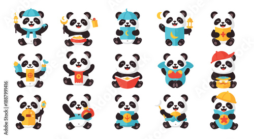 Cute Panda Cartoon Characters Set