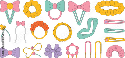 Fun and Colorful Hair Accessories Vector Set  Clips, Bows, Scrunchies, and Headbands