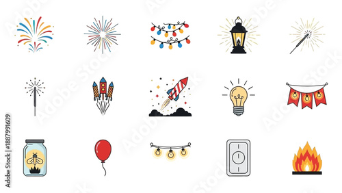 Fireworks Explosions Party Celebrations Decorations Icons.