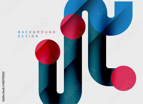 Abstract shapes overlap, creating dynamic composition. Red circles contrast with blue gradients. Minimalist design, modern aesthetic.