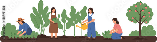 Gardener Character Activity Set with Planting, Harvesting, Pruning, Raking, and Lawn Mowing Scenes for Gardening, Farming, and Landscaping Design