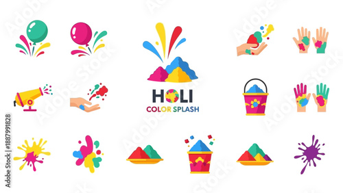 Holi Color Splash Icons and Graphics Set.