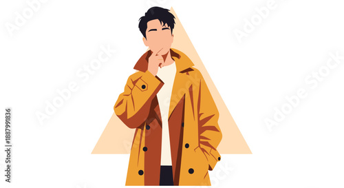 Stylish young man in a chic mustard yellow trench coat, contemplating with a hand on his chin, set against a modern geometric background.