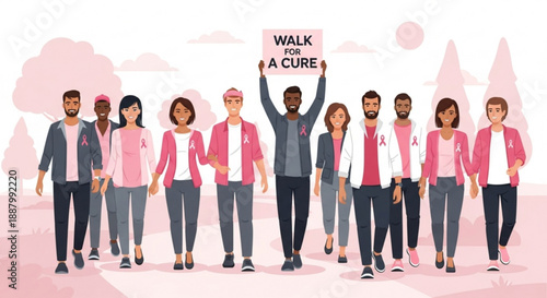 Diverse group walking for breast cancer awareness with pink shirts and signs