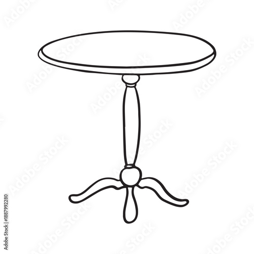 Minimal hand drawn round dining table illustration in black and white line art style. Empty pedestal table isolated on white background for interior design, furniture, cafe and modern decor.