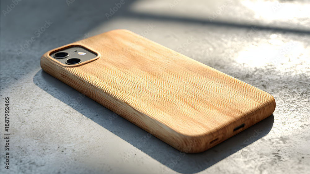 Fototapeta premium Wooden phone case on textured surface