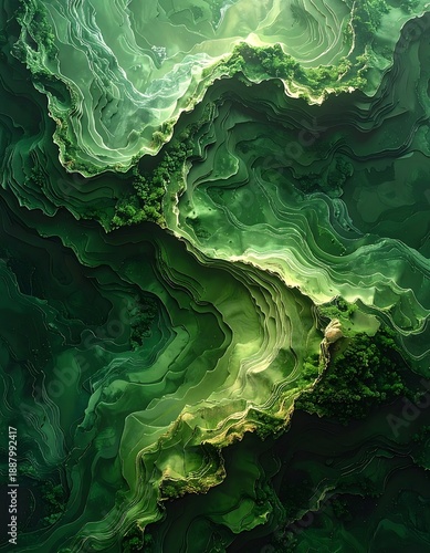 Aerial view of lush, green terrain with wavy patterns like marble, highlighted by sunlight