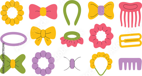 Fun and Colorful Hair Accessories Vector Set  Clips, Bows, Scrunchies, and Headbands