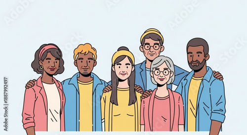 Diverse group of friends standing together in unity and friendship with arms around each other