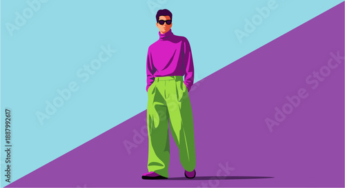 Stylish man in vibrant magenta turtleneck and lime green trousers, exuding confidence with hands in pockets against a striking dual-tone backdrop.