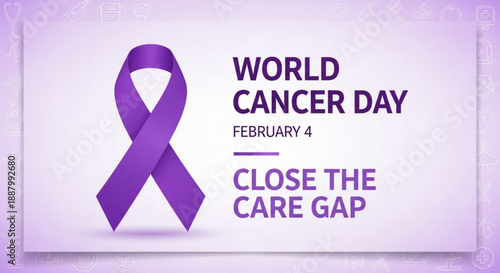 World cancer day awareness poster with purple ribbon and text