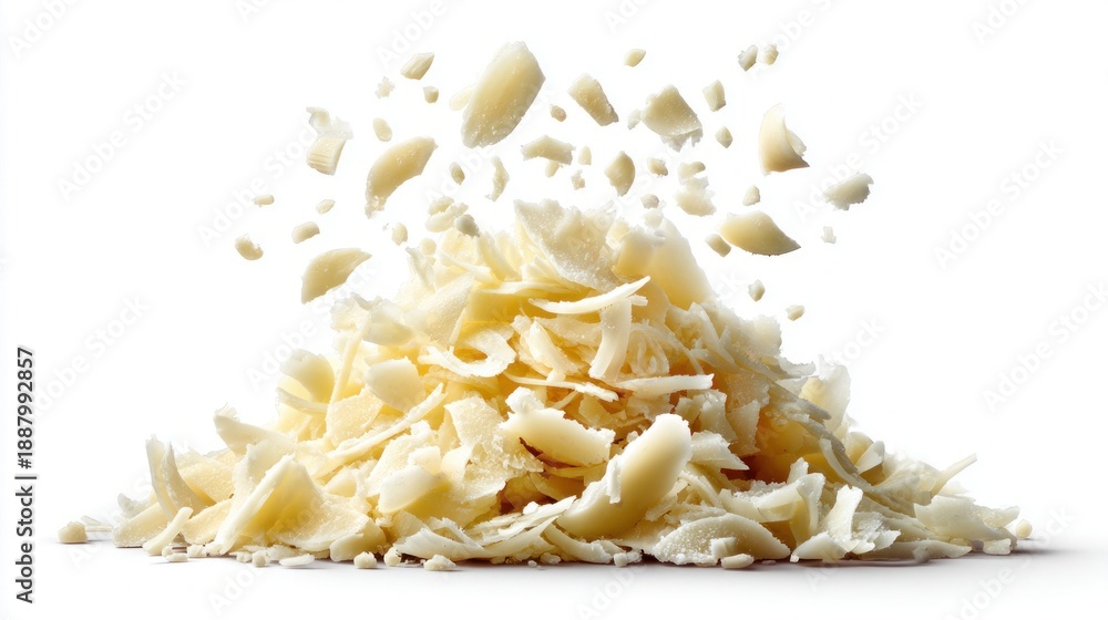Obraz premium Pile of white chocolate shavings falling and scattered on a white background