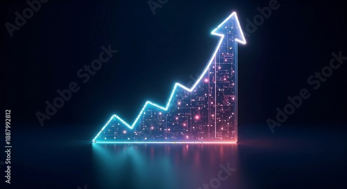 Illuminated digital arrow ascending through a celestial night sky