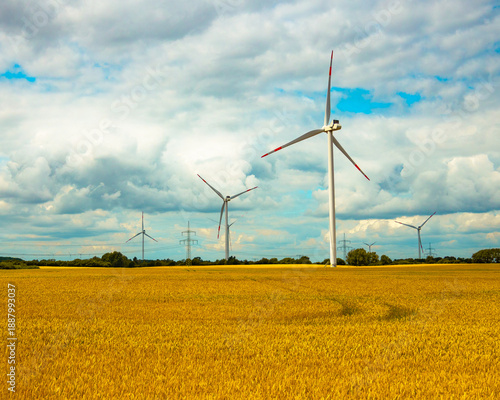 Wind turbines on a Field generating renewable energy under a partly cloudy sky, symbolizing sustainable power production and modern environmental technology