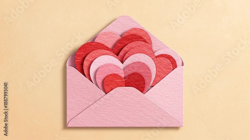 A pink envelope overflowing with paper hearts in various shades of red and pink