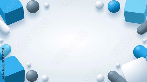 Abstract geometric composition of blue and white cubes and spheres on a white background